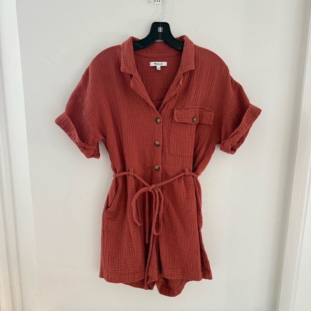 Madewell Lightspun Belted Safari Romper XS Weathered Brick